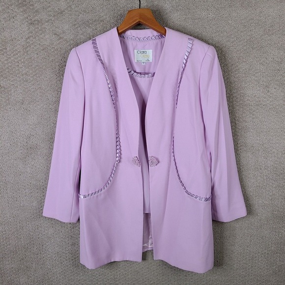 Vintage Clara Clara‎ Blazer Top Set Womens 12 Pink Jacket Tank Ruffle Rhinestone - Picture 1 of 16